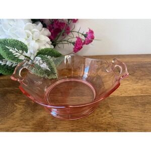 Vintage Pink Depression‎ Glass Handled Dish Etched Floral Design Serving Bowl
